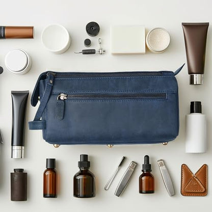 LEATHER VILLAGE Genuine Leather Travel Toiletry Bag - Water-Resistant Dopp Kit for Toiletries, Large Shaving Bag & Bathroom Organizer - Gift for Men & Women - Royal Blue - color: Royal Blue