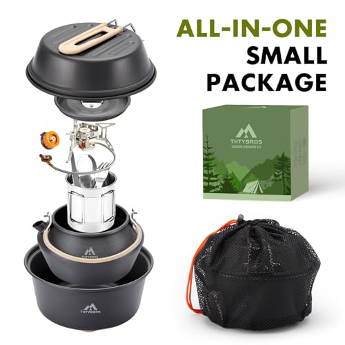 THTYBROS 17pcs Camping Cookware Kit, 0.45Gal Pot, 7inches Pan,0.30Gal Kettle Set with 2 Set Stainless Steel Cups Plates Forks Knives Spoons for Hiking - size: 15 PCS with Stove