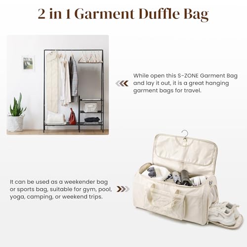 S-ZONE Garment Duffle Bags for Travel Carry on Convertible 2 in 1 Suit Bags Hanging Suitcase with Toiletry Bag 50L - color: Off-white