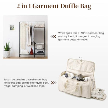 S-ZONE Garment Duffle Bags for Travel Carry on Convertible 2 in 1 Suit Bags Hanging Suitcase with Toiletry Bag 50L - color: Off-white