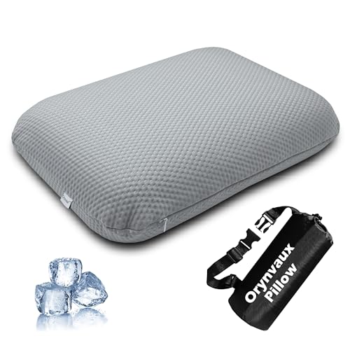 Cooling Camping Pillow, Memory Foam Travel Pillow with Adjustable Buckle Strap & Storage Bag, Compact Small Pillow for Airplane, Car Lumbar, Office, Washable Cooling Cover, Quarry Grey - color: Quarry Grey, size: L-17.5*11.8*4.3in