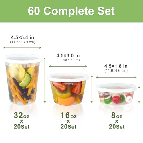 Dipoo 60 Sets (120-Piece) Deli Containers with Lids, 32/16/8 oz X 20 Set Each, Leak-Proof & BPA Free Airtight Takeout Plastic Food Storage Containers for Soup, Freezer/Microwave/Dishwasher Safe - size: Combo - 60 Sets