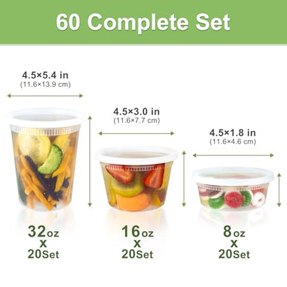 Dipoo 60 Sets (120-Piece) Deli Containers with Lids, 32/16/8 oz X 20 Set Each, Leak-Proof & BPA Free Airtight Takeout Plastic Food Storage Containers for Soup, Freezer/Microwave/Dishwasher Safe - size: Combo - 60 Sets