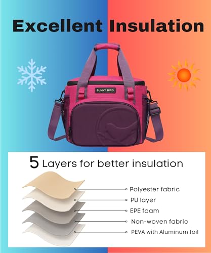 SUNNY BIRD 12L Large Insulated Lunch Bag, Leakproof and Foldable Lunch Cooler Box for Women Adult and Men, Fits 18 Cans (Purple) - color: Purple