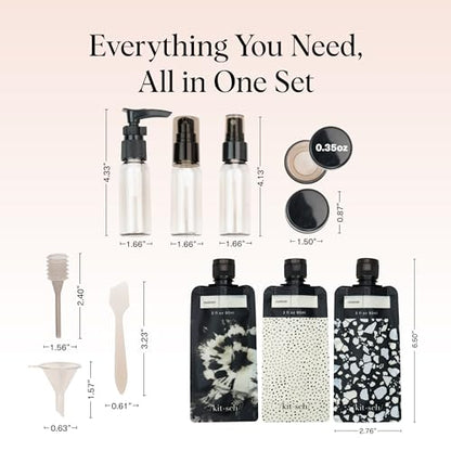 Kitsch 11 PCS Travel Containers for Toiletries – Travel Essentials Kit for Shampoo, & More - TSA Approved Bottles for Travel Size Toiletries, Leak-Proof Refillable Travel Containers - Black & Ivory