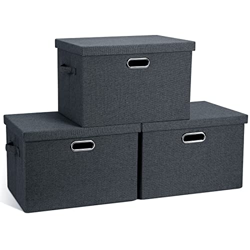Graciadeco Large 17" 36 Quart Collapsible Stackable Storage Bins with Lids, 3 Packs Dark Gray Foldable Fabric Closet Storage Boxes with Lids, Heavy-duty Linen Cube Baskets(17x12x11) - color: Dark Gray, size: Large -3 Pack