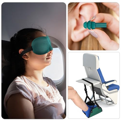 Yerliker Airplane Foot Hammock(Memory Foam) with Earplugs and Eye Mask Travel Necessities Adjustable Airplane Desk Foot Rest for Long Trip Pain and Swelling Relief(Green) - color: Green