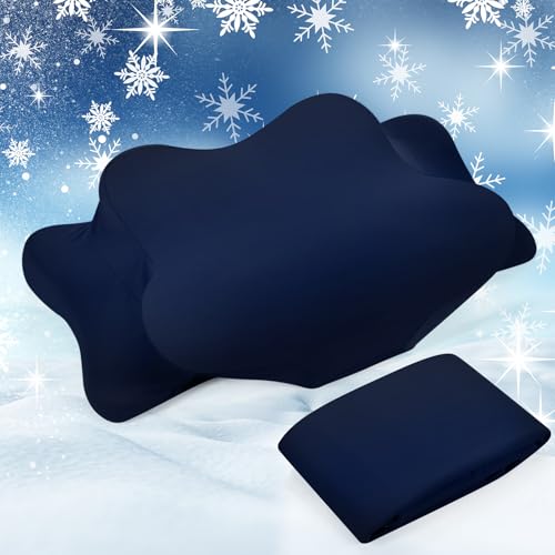 Hahafelt Cooling Cervical Neck Pillowcase Cover (Only Pillow Case) Ergonomic Pillowcase with Zipper Breathable Contour Pillow Cover for Side Back Stomach Sleepers(Navy Blue,Queen Size) - color: Navy Blue, size: Queen