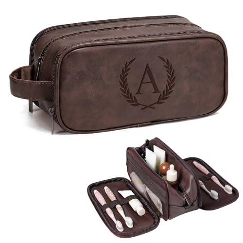Janhavi Toiletry Bag For Men Waterproof, Groomsmen Gifts Personalized Leather Engraved Initials & Wheat, Mens Toiletry Travel Bag, Birthday Gifts For Men, Travel Tssentials (Medium, Dark Brown, A) - color: Dark Brown, style: A