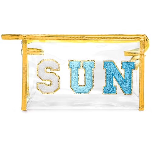 Y1tvei Clear SUN Makeup Bag - Preppy Blue SUN Chenille Varsity Letter Cosmetic Bag PVC Transparent Zipper Waterproof Beach Makeup Carry Pouch Portable Travel Toiletry Organizer for Women(Gold) - color: Blue SUN Gold
