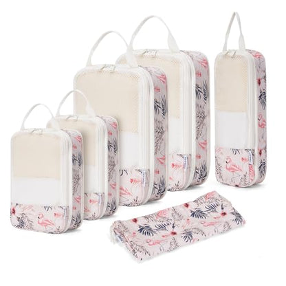 Narwey 6 Set Compression Packing Cubes for Travel Women Men, Travel Cubes for Carry On Suitcase, Durable Compression Luggage Organizer Bags - color: Y-Beige Flamingo