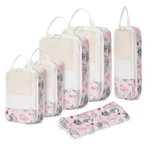 Narwey 6 Set Compression Packing Cubes for Travel Women Men, Travel Cubes for Carry On Suitcase, Durable Compression Luggage Organizer Bags - color: Y-Beige Flamingo