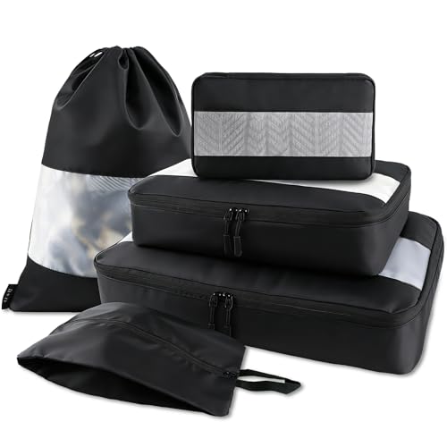 U+U 5 Set Packing Cubes for Travel Essentials Ultralight Luggage Packing Organizers with Laundry Bag and Shoe Bag for Vacation, Business Trip and Camping (Black) - color: Black