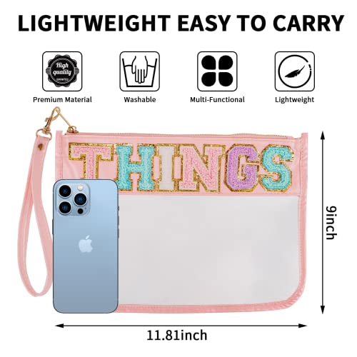 Iqimott Monogram Letter Clear Bag Purse, Chenille Glitter Letter Makeup Cosmetic Bag Patch Zipper Toiletry Pouch, Portable Travel Beach Snack Wristlet Bag for Women Girls(Things, Pink) - color: Things-Pink
