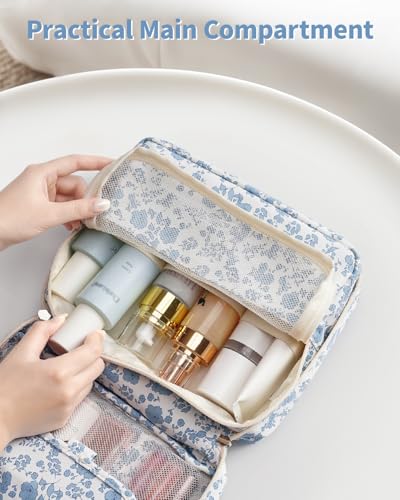 Narwey Small Hanging Travel Toiletry Bag for Women, Travel Bag for Toiletries, Makeup Bag Organizer Cosmetic Bags Make Up Bags for Girls - color: Y-Blue Flower