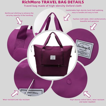 Large Capacity Foldable Travel Bag, Expandable lightweight Carry on Bag, Dry with Wet Separation Spor Duffel Bags (Fuchsia) - color: Fuchsia