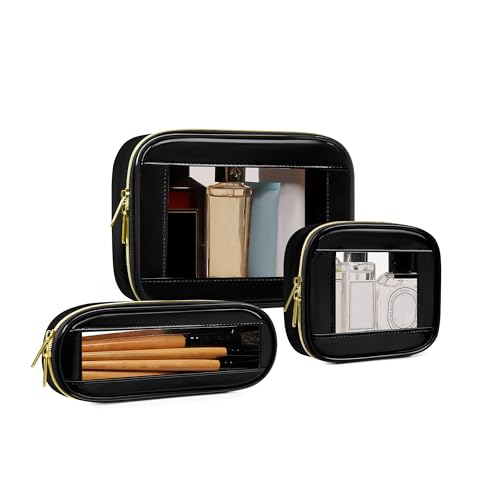 3-Piece Travel Clear Makeup Bag Set, Small Cosmetic Bag with Makeup Brush Case, Leather Waterproof TSA Approved Toiletry Bag with Zipper, Car Organization for Women (Black-2, Mini+Slim+Medium) - color: Black-2, size: Mini+Slim+Medium