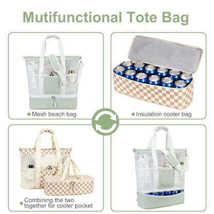 Bluboon Mesh Beach Tote Bag with Cooler Compartment Insulated Detachable Picnic Bag with Zipper and Pocket Pool Bag for Women - color: A-sage Green White Vertical Stripes