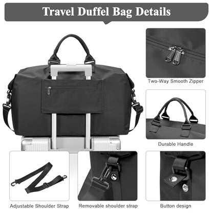Travel Duffel Bag,Carry-On Overnight Weekender Bags for Women,Personal Item Travel Bag with Shoes Compartment,Sports Gym Bag - color: Black with Toiletry Bag