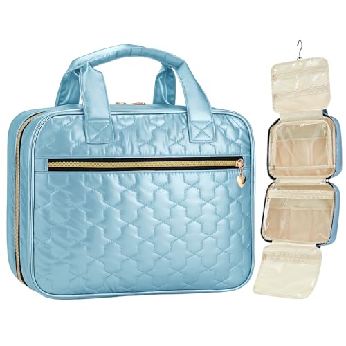 Travel Toiletry Bag, Hanging Makeup Organizer with Hook, Water-Resistant Cosmetic Bag, Fits Full-Size Shampoo & Conditioner Bottles, for Women & Men, Makeup Accessories & Brushes(Blue, Large) - color: Blue, size: Large
