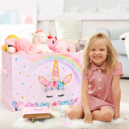 WERNNSAI Unicorn Toy Box - Collapsible Oxford Storage Bin with Handles 25" x 13" x 16" Toys Clothes Books Chest Organizer Cube with Flip-top Lid for Girls Kids Bedroom Nursery Living Room