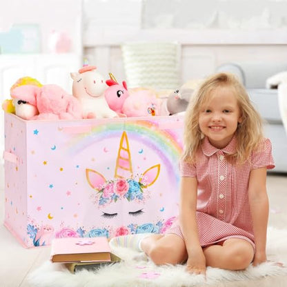 WERNNSAI Unicorn Toy Box - Collapsible Oxford Storage Bin with Handles 25" x 13" x 16" Toys Clothes Books Chest Organizer Cube with Flip-top Lid for Girls Kids Bedroom Nursery Living Room