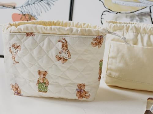 HAPPYHEIDI Quilted Cotton Drawstring Makeup Bag Set 2 Size w Compartment Cosmetic Toiletry Travel Pouch,Purse Organizer,Brown Teddy Bears - color: KJM-Quilted Cotton Pouch with Compartment Set of 2- Cute Teddy Bears