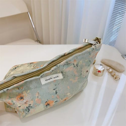 Wudygirl Aesthetic Makeup Bag Large Capacity Cosmetic Bag Canvas Makeup Pouch Toiletry Bag for Women and Girls Travel Floral Make up Bag Makeup Organizer with Zipper (Oli Rose) - color: Oli Rose