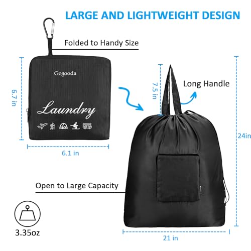 GOGOODA Travel Laundry Bags with Drawstring Closure XL Large Foldable Dirty Clothes bags with Handle Heavy Duty and Washable for College Dorm Travelling Camping, 2 Pack, Black - color: Black