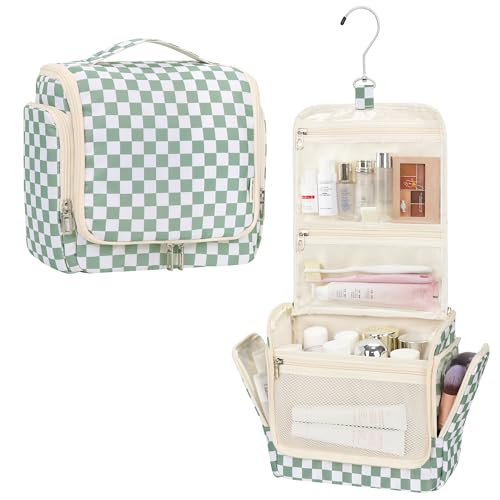 Relavel Travel Toiletry Bag for Women Makeup Bag Cosmetic Organizer Toiletries Bag with Hanging Hook for Travel Size Essentials Accessories Shower Caddy Bag for Bathroom Beach Gym, Green Checkerboard - color: Green Checkerboard