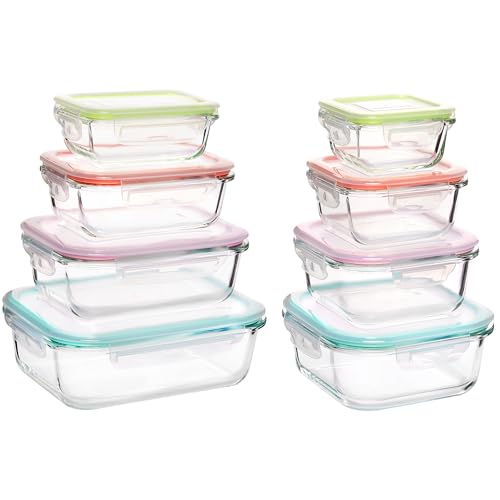 Vtopmart 8 Pack Glass Food Storage Containers with Airtight Lids, Glass Meal Prep Containers, Lunch Containers for Microwave, Oven, Freezer and Dishwasher, BPA Free - color: Multi-colors