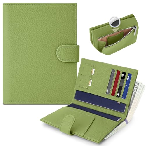 Genuine Leather Passport Holder for Women Men, Hidden Airtag Pocket, RFID Blocking, Zippered Coins Pocket & Cash Compartment Travel Gifts Essentials Passport Cover Case - Green - color: Green