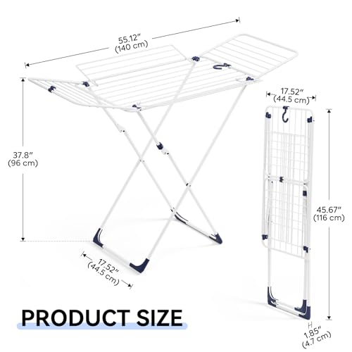 APEXCHASER Clothes Drying Rack, Metal Drying Rack Clothing, Laundry Rack Foldable, Space-Saving, Free-Standing Airer with 4 Gullwings, Indoor Outdoor Use, 55.12"*37.8"*17.52", White