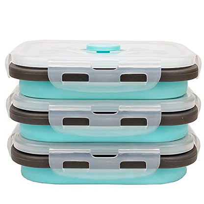 CCyanzi 3piece Collapsible Food Storage Containers with Lids, Silicone Lunch Container, Microwave & Freezer Safe, Space Saving for Kitchen Cabinet and Camping Backpack,(blue gray) - color: blue with gray