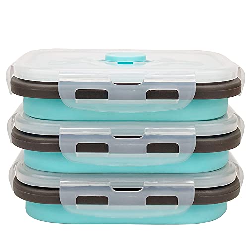 CCyanzi 3piece Collapsible Food Storage Containers with Lids, Silicone Lunch Container, Microwave & Freezer Safe, Space Saving for Kitchen Cabinet and Camping Backpack,(blue gray) - color: blue with gray