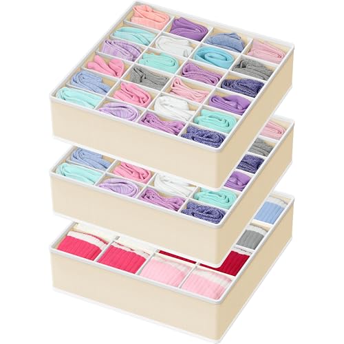 Simple Houseware Sock Drawer Organizer for Dresser/Closet/Bedroom, 3 Pack, Beige - color: Beige, size: 3 Pack