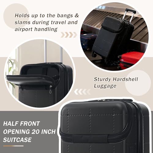 Merax Luggage Sets 5 Piece, Hardside 20" Half-opening Carry On Suitcase Set with USB Port,Lightweight Travel 24" 28" Luggage with Bags TSA Locks Double Spinner Wheels,Black - color: Black, size: 3 piece(20front open+24+28+bags)