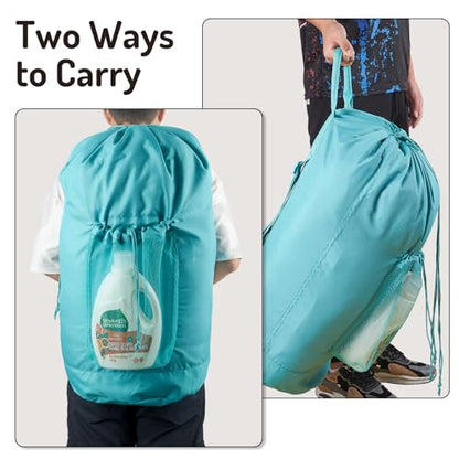 Seiritex Backpack Laundry Bag with Straps and Detergent Holder, Clothes Laundry Backpack for College Travel Apartment Dorm Room (Green) - color: Green