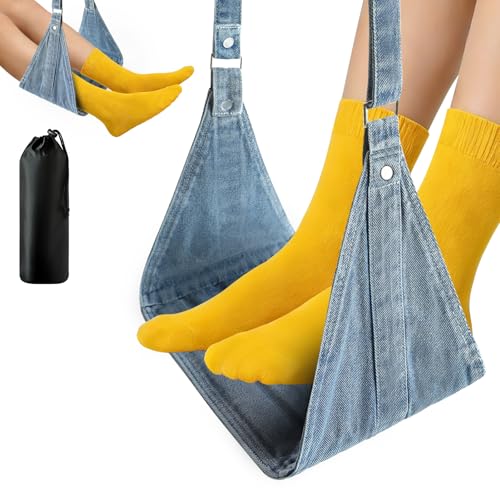 Airplane Foot Hammock, No Collapse Foot Rest for Plane Travel with Extended Adjustment Strap, Portable Desk Foot Hammock with,Cotton Denim, Foot Sling Travel Essentials to Relax Your Feet(Light Blue) - color: Light Blue