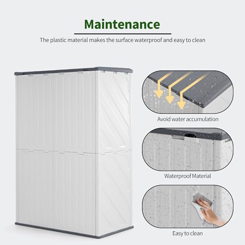 Macrout 50 Cu.Ft Plastic Outdoor Storage Cabinet with Shelves, 4.3 x 2.5 ft Waterproof Resin Outdoor Storage Shed with Floor, Lockable Vertical Shed for Garden and Patio - size: Medium
