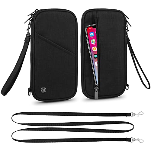 Passport Wallet, RFID Passport Holder with Vaccine Card Slot, for Family and Women & Men, Travel Document Organizer with Removable Wristlet Crossbody Strap (Black) - color: Black