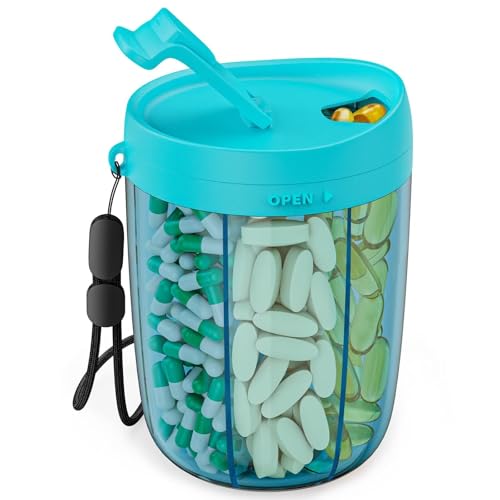 PULIV Large Pill Bottle Organizer, Supplement Organizer for Holding 6 Various Vitamins, Pill Box Case with Anti-Mixing & Wide Opening Design, Easy to Retrieve Meds and 20 Pcs Stick-on Labels, Blue - color: Blue