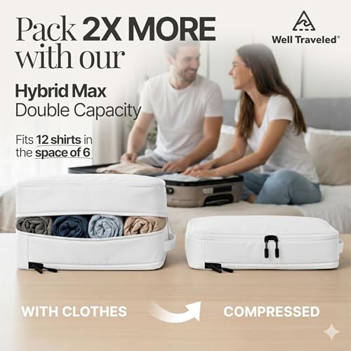Well Traveled 8 pcs Compression Packing Bags Cubes Set with HybridMax Double-Capacity Design - Packing Cubes for Travel Compression to Maximize Limited Luggage Space, White - color: White, size: 8-piece