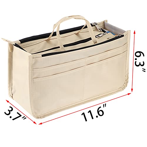 BTSKY Printing Handbag Organizers Inside Purse Insert - High Capacity 13 Pockets Bag Tote Organizer with Handle Beige - color: Beige