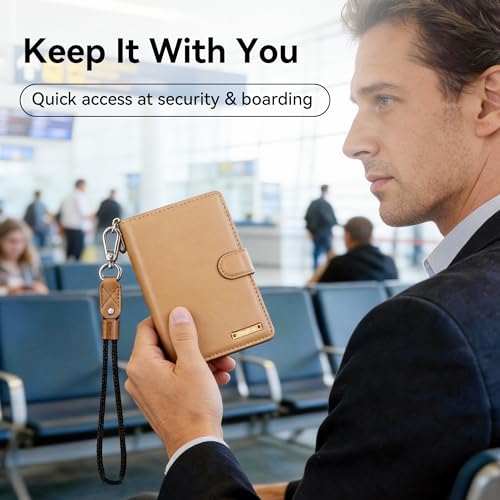 Passport Holder for Travel, Apple MFi Certified Smart Passport Cover Works with Find My, Rechargeable Travel Wallet with Lanyard, RFID Blocking Card Case, PU Leather, Brown - color: Brown, size: Find My-A