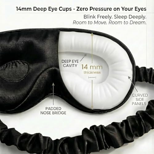 MATASSE 100% Mulberry Silk Sleep Mask 22 Momme Grade 6A - 3D Contoured Eye Mask for Sleeping, 14mm Deep Eye Cups, Total Blackout Blindfold for Women Men, Adjustable Strap, Side Sleeper (Black) - color: Black