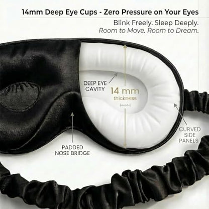 MATASSE 100% Mulberry Silk Sleep Mask 22 Momme Grade 6A - 3D Contoured Eye Mask for Sleeping, 14mm Deep Eye Cups, Total Blackout Blindfold for Women Men, Adjustable Strap, Side Sleeper (Black) - color: Black