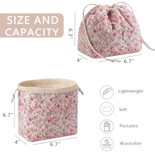 Cotton Quilted Drawstring Makeup Bag with Canvas Lining,Coquette Aesthetic Cute Travel Toiletry Bag,Drawstring Gift Bag for Women and Girls（18 Watercolor Pink Flower） - color: 18watercolor Pink Flower