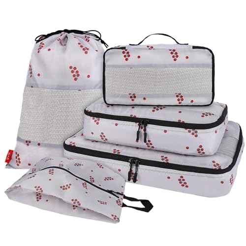 U+U 5 Set Packing Cubes for Travel Essentials Ultralight Luggage Packing Organizers with Laundry Bag and Shoe Bag for Vacation, Business Trip and Camping (Cherry Tomato) - color: Cherry Tomato