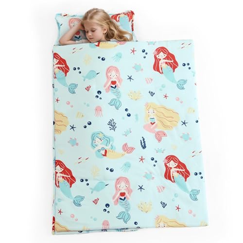 PHF Soft Toddler Nap Mat with Removable Pillow, Rollup Design Kids Sleeping Mat, Slumber Bags for Girls, 50"x20" Toddler Sleeping Bag for Daycare Preschool Travel Camping, Cute Mermaid - color: Cute Mermaid